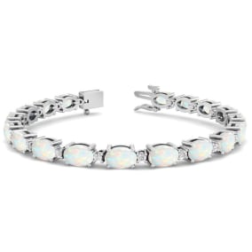 Opal Bracelet With 6 Carats of Oval Shape Opals and Diamonds In 14 Karat White Gold, 7 Inches