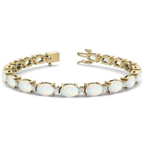 Opal Bracelet With 6 Carats of Oval Shape Opals and Diamonds In 14 Karat Yellow Gold, 7 Inches