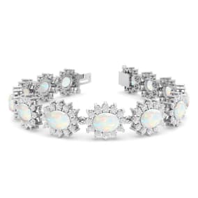 Opal Bracelet With 14 1/4 Carats of Oval Shape Opals and Diamonds In 14 Karat White Gold, 7 Inches