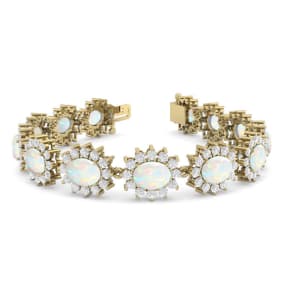 Opal Bracelet With 14 1/4 Carats of Oval Shape Opals and Diamonds In 14 Karat Yellow Gold, 7 Inches