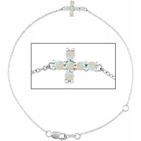 Opal Bracelet With Sideways Cross In 14K White Gold, 7 1/2 Inches