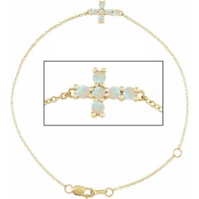 Opal Bracelet With Sideways Cross In 14K Yellow Gold, 7 1/2 Inches