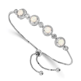 Opal Bracelet With CZ Accents In Sterling Silver With Adjustable Bolo Chain 7-10 Inches