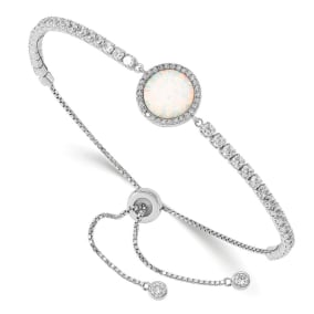 Opal Bracelet With CZ Accents In Sterling Silver With Adjustable Bolo Chain 7-10 Inches