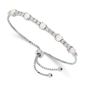Opal Bracelet With CZ Accents In Sterling Silver With Adjustable Bolo Chain 7-10 Inches