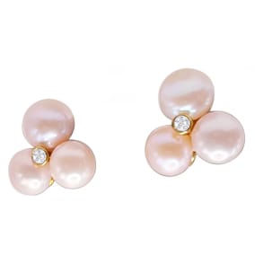 Vintage Estate 14K Yellow Gold Pink Pearl and Diamond Button Shape Pearl Earrings