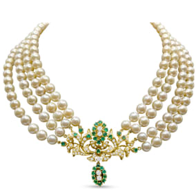 Vintage Estate 14K Yellow Gold Cream Pearl Strand Necklace With Diamonds and Emeralds, 18 Inches