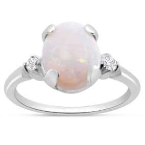 Vintage Estate 14K White Gold 9x7mm Opal and Diamond Ring, Size 6.5