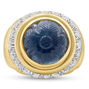 Vintage Estate 18K Yellow Gold 10MM Cabochon Carved Water Blue Gemstone and 2/3 Carat Diamond Ring, Size 7