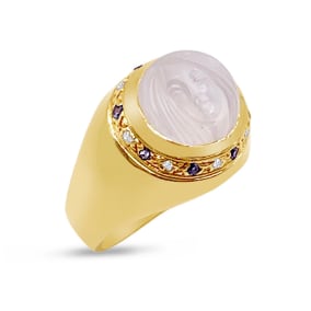 Vintage Estate 14K Yellow Gold 11MM Cabochon Carved Moonstone, Sapphire and Diamond Ring, Size 6 1/2