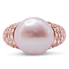 Vintage Estate 14K Rose Gold 11MM Pink Pearl and 1 Carat Diamond Ring, Size 6