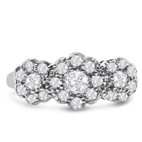 Vintage Estate 18K Yellow Gold and Platinum 1 Carat European Cut 3-Cluster Diamond Ring, Size 8