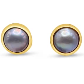 Vintage Estate 18K Yellow Gold Tambetti 13MM Round Mabe Grey Pearl Stud Earrings