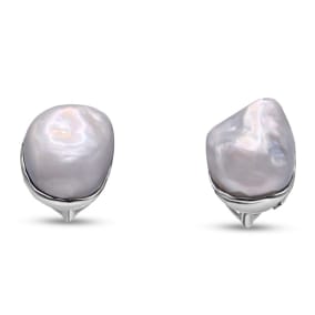 Vintage Estate 14K White Gold Tambetti 18x14MM Grey Pearl Earrings With Omega Backs