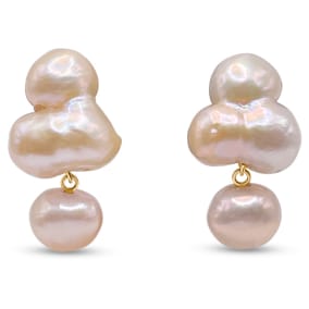 Vintage Estate 14K Yellow Gold 18x16MM Freeform Pink Pearl Clip On Earrings With Omega Backs