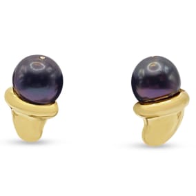 Vintage Estate 18K Yellow Gold Tambetti 12MM Black Pearl Clip On Earrings With Omega Backs