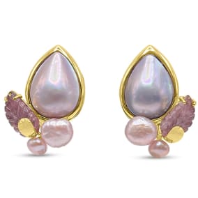 Vintage Estate 18K Yellow Gold Tambetti 20x15mm Pear Shaped Pinkish Grey Mabe Pearls With Roundish Freeform Pinkish White Pearls And Rose Quartz Carved Leaves Clip On Earrings With Omega Backs