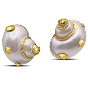 Vintage Estate 14K Yellow Gold MAZ 24x17mm Conch Shells With Round Gold Embellishements Earrings With Omega Backs