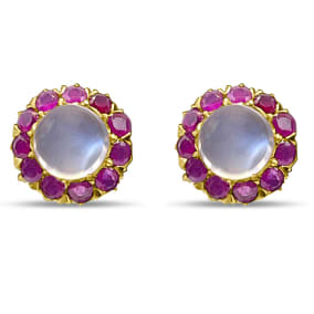 Vintage Estate 14K Yellow Gold 10mm Round Cabochon Moonstones With 22x 3.3mm Round Rubies Stud Earrings