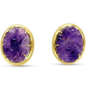 Vintage Estate 18K Yellow Gold 25z20mm Carved Amethyst and Mother of Pearl Doublet Clip On Earrings With Omega Backs