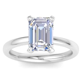 3 Carat Emerald Cut Lab Grown Diamond Ring In 14K White Gold, Solitaire