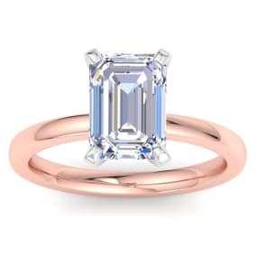 3 Carat Emerald Cut Lab Grown Diamond Ring In 14K Rose Gold, Solitaire