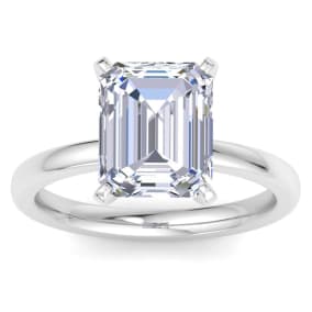 4 Carat Emerald Cut Lab Grown Diamond Ring In 14K White Gold, Solitaire