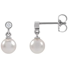 Pearl Drop Earrings With 5MM Akoya Pearls and Diamonds In 14 Karat White Gold, 1/2 Inch