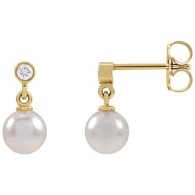 Pearl Drop Earrings With 5MM Akoya Pearls and Diamonds In 14 Karat Yellow Gold, 1/2 Inch