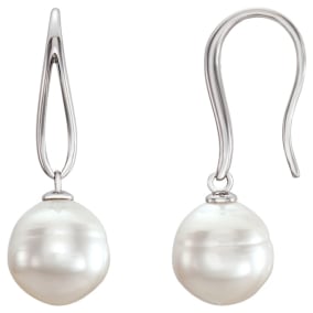 Pearl Drop Earrings With 12MM Freshwater Cultured Pearls In 14 Karat White Gold, 1 Inch