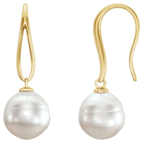 Pearl Drop Earrings With 12MM Freshwater Cultured Pearls In 14 Karat Yellow Gold, 1 Inch