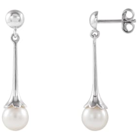 Pearl Drop Earrings With 6.5MM Freshwater Cultured Pearls In 14 Karat White Gold, 1 Inch
