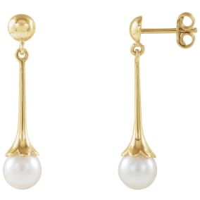 Pearl Drop Earrings With 6.5MM Freshwater Cultured Pearls In 14 Karat Yellow Gold, 1 Inch