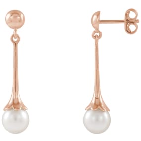 Pearl Drop Earrings With 6.5MM Freshwater Cultured Pearls In 14 Karat Rose Gold, 1 Inch