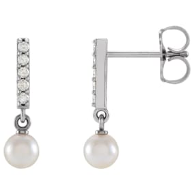 Pearl Drop Earrings With 4MM Akoya Pearls and Diamonds In 14 Karat White Gold, 1/2 Inch