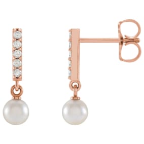 Pearl Drop Earrings With 4MM Akoya Pearls and Diamonds In 14 Karat Rose Gold, 1/2 Inch