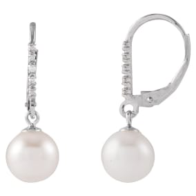 Pearl Drop Earrings With 7MM Freshwater Cultured Pearls and Diamonds In 14 Karat White Gold, 1/2 Inch