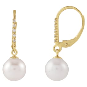 Pearl Drop Earrings With 7MM Freshwater Cultured Pearls and Diamonds In 14 Karat Yellow Gold, 1/2 Inch
