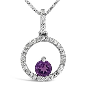 1/2 Carat Round Shape Amethyst and Halo Diamond Necklace In Sterling Silver With 18 Inch Chain