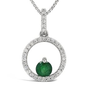1/2 Carat Round Shape Emerald and Halo Diamond Necklace In Sterling Silver With 18 Inch Chain