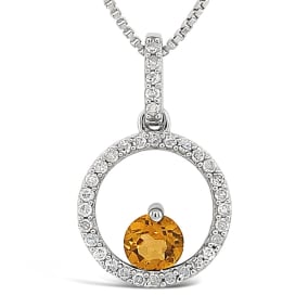1/2 Carat Round Shape Citrine and Halo Diamond Necklace In Sterling Silver With 18 Inch Chain