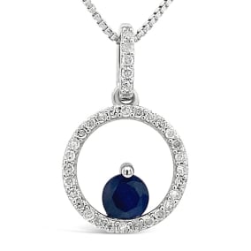 1/2 Carat Round Shape Sapphire and Halo Diamond Necklace In Sterling Silver With 18 Inch Chain