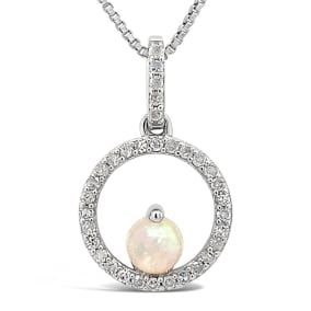 1/2 Carat Round Shape Opal and Halo Diamond Necklace In Sterling Silver With 18 Inch Chain