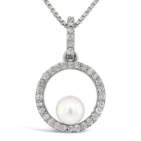 4-4.5MM Pearl and Halo Diamond Necklace In Sterling Silver With 18 Inch Chain