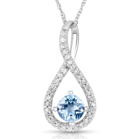 1/2 Carat Round Shape Aquamarine and Halo Diamond Necklace In Sterling Silver With 18 Inch Chain