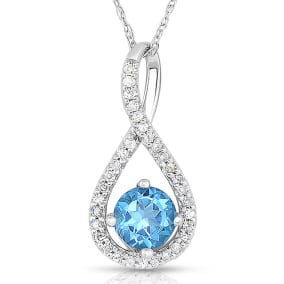 1/2 Carat Round Shape Blue Topaz and Halo Diamond Necklace In Sterling Silver With 18 Inch Chain