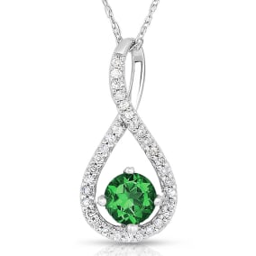 1/2 Carat Round Shape Emerald and Halo Diamond Necklace In Sterling Silver With 18 Inch Chain