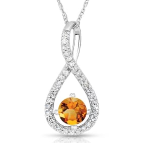 1/2 Carat Round Shape Citrine and Halo Diamond Necklace In Sterling Silver With 18 Inch Chain