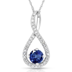 1/2 Carat Round Shape Sapphire and Halo Diamond Necklace In Sterling Silver With 18 Inch Chain