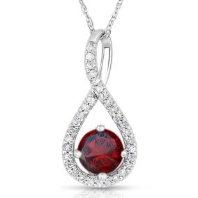 1/2 Carat Round Shape Garnet and Halo Diamond Necklace In Sterling Silver With 18 Inch Chain